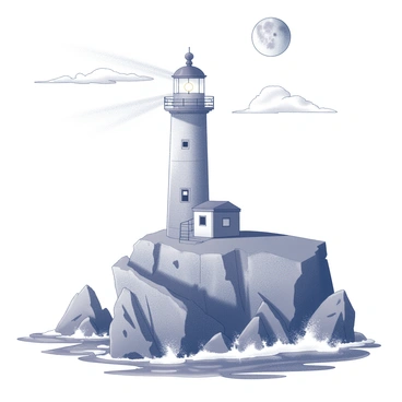 A solitary lighthouse stands tall on a rocky cliff, its structure reaching upward toward the night sky. The lighthouse features a spiral staircase and a large, circular light at the top, casting beams of light outwards. The rocky cliff is jagged and rugged, with various textures and shadows created by the moonlight. Waves crash against the base of the cliff, adding a sense of motion to the scene. The moon hangs high in the sky, surrounded by a few scattered clouds, illuminating the lighthouse and the surrounding landscape. A sense of solitude permeates the image, with no other structures or figures in sight.