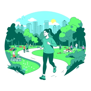 A teal person wearing comfortable athleisure wear is jogging along a winding path in a busy city park. The park is filled with vibrant green trees and colorful flower beds, with various people engaged in activities such as walking dogs and having picnics. In the background, there are tall city buildings creating a skyline. The sun is shining brightly overhead, casting soft shadows on the ground. The jogger has a focused expression, and their hair is tied back in a ponytail, showing their determination as they navigate through the lively atmosphere.