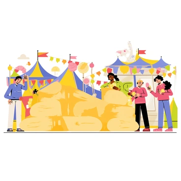 A vibrant fairground setting filled with colorful tents and cheerful decorations. In the foreground, several artists are focused on sculpting intricate designs out of large blocks of butter. One artist creates a detailed butterfly, while another molds a whimsical animal figure. Nearby, spectators with excited expressions watch the process, some holding popcorn and cotton candy. Brightly colored flags flutter in the gentle breeze, and a carousel can be seen in the background, adding to the lively atmosphere.