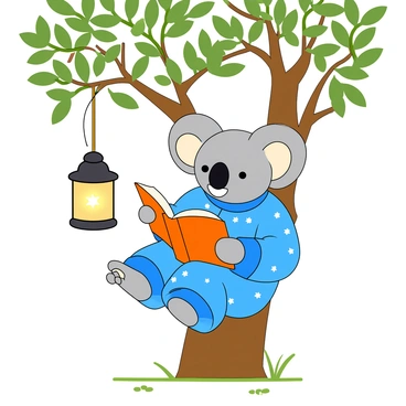 A cute koala with gray fur and large, round ears is wearing bright blue pajamas decorated with white stars. The koala is sitting comfortably on a low-hanging branch of a tall eucalyptus tree, surrounded by green leaves. In its paws, the koala holds an open storybook, and its eyes are wide with delight as it reads. The scene captures the gentle glow of a small lantern hanging from the branch, illuminating the pages of the book and creating a cozy atmosphere. The ground below is covered in soft grass, and a few scattered leaves add to the natural setting.