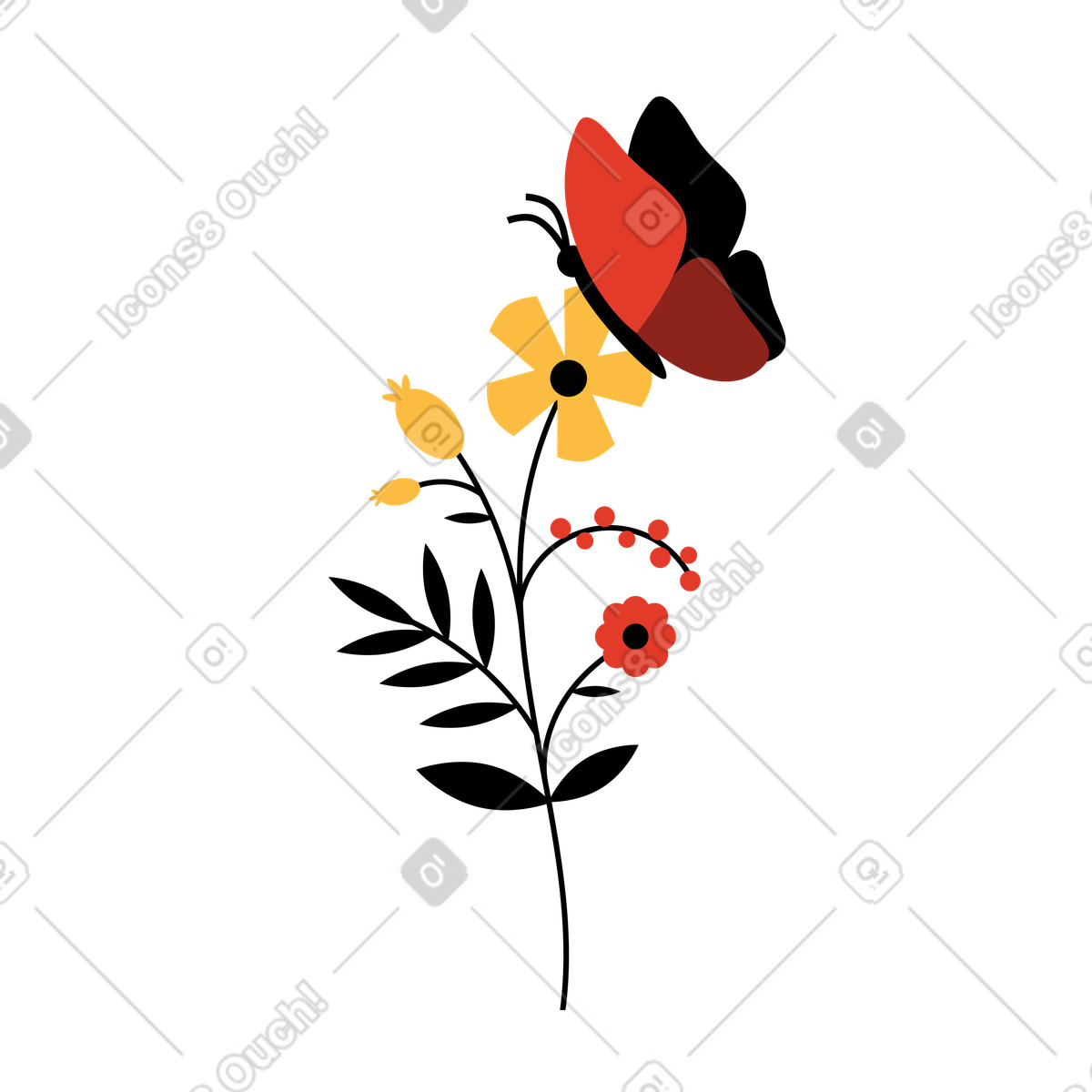 Farfalla posata su un fiore illustrazione in stile Burgundy scarica in PNG, SVG