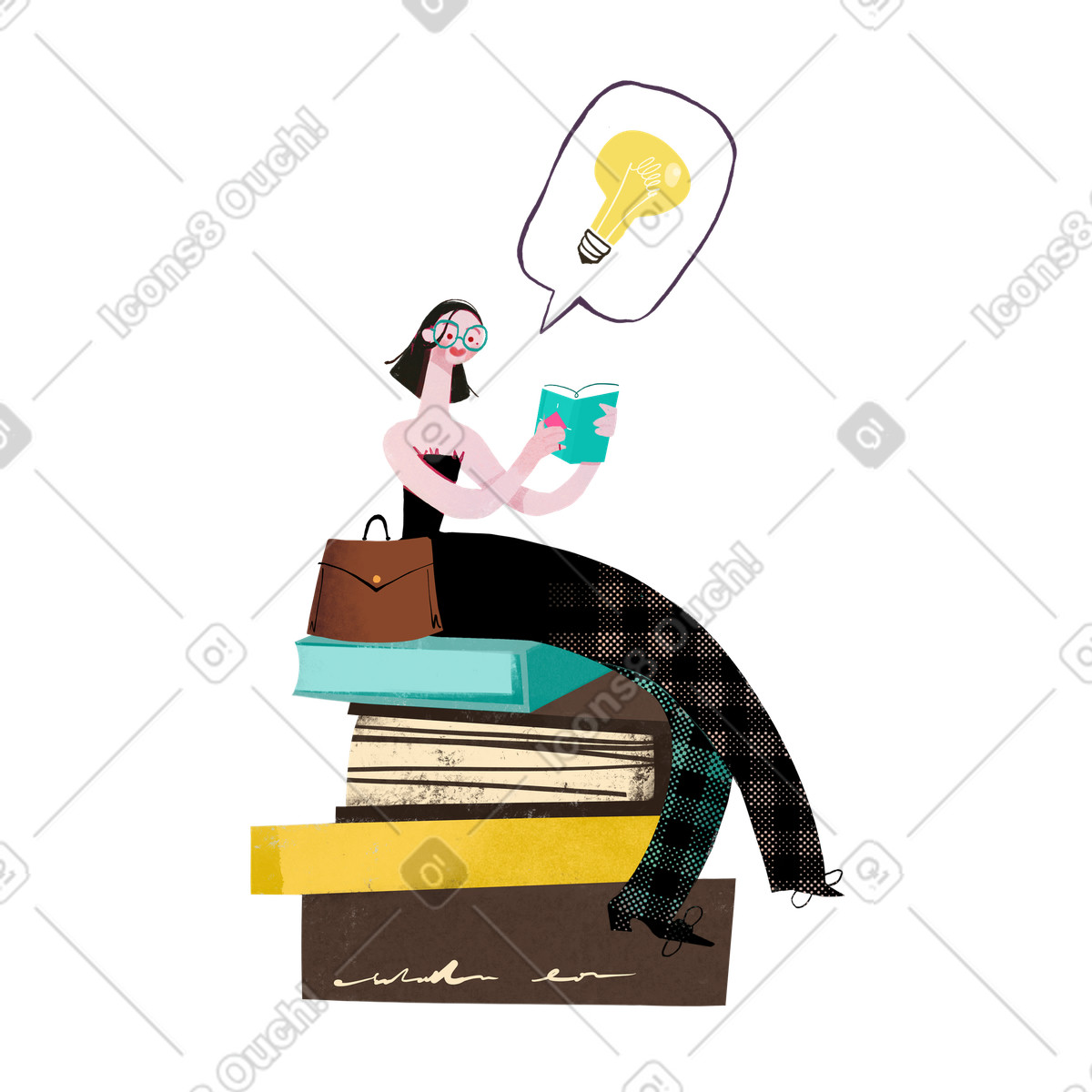 Fabulous スタイルの 本の山に座って勉強している女の子 のイラストをPNG、SVG形式でダウンロード