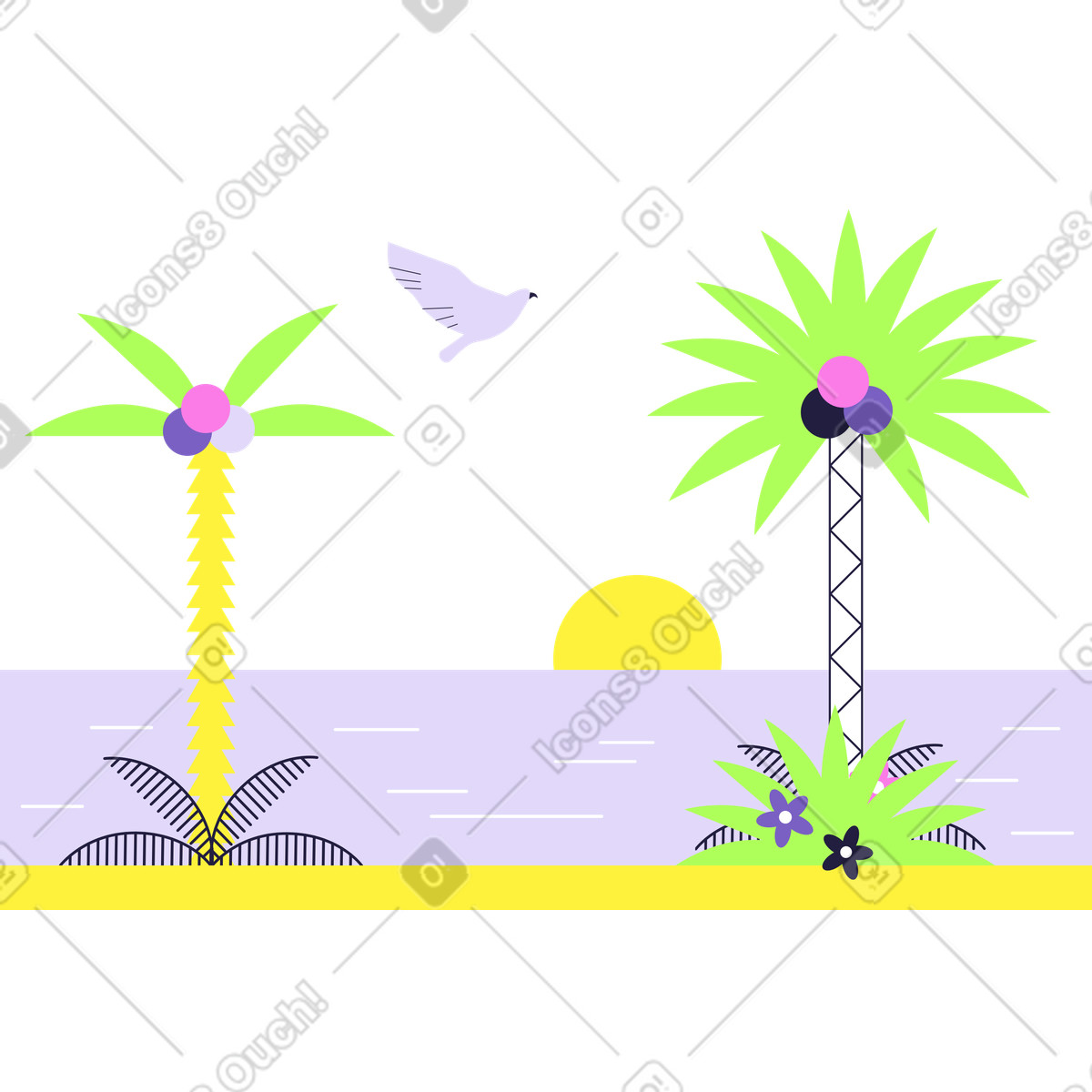 I gabbiani sorvolano la spiaggia del mare e le palme al tramonto illustrazione in stile Mellow scarica in PNG, SVG
