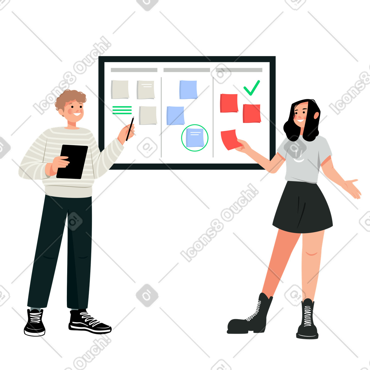 Illustration Planification d'entreprise derrière le scrum board dans style Lagom à télécharger aux formats PNG, SVG