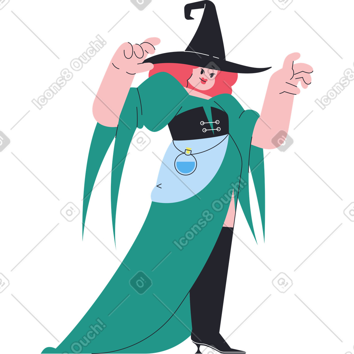 Ilustração de Conjurando bruxa no chapéu em estilo Boba para baixar em PNG, SVG