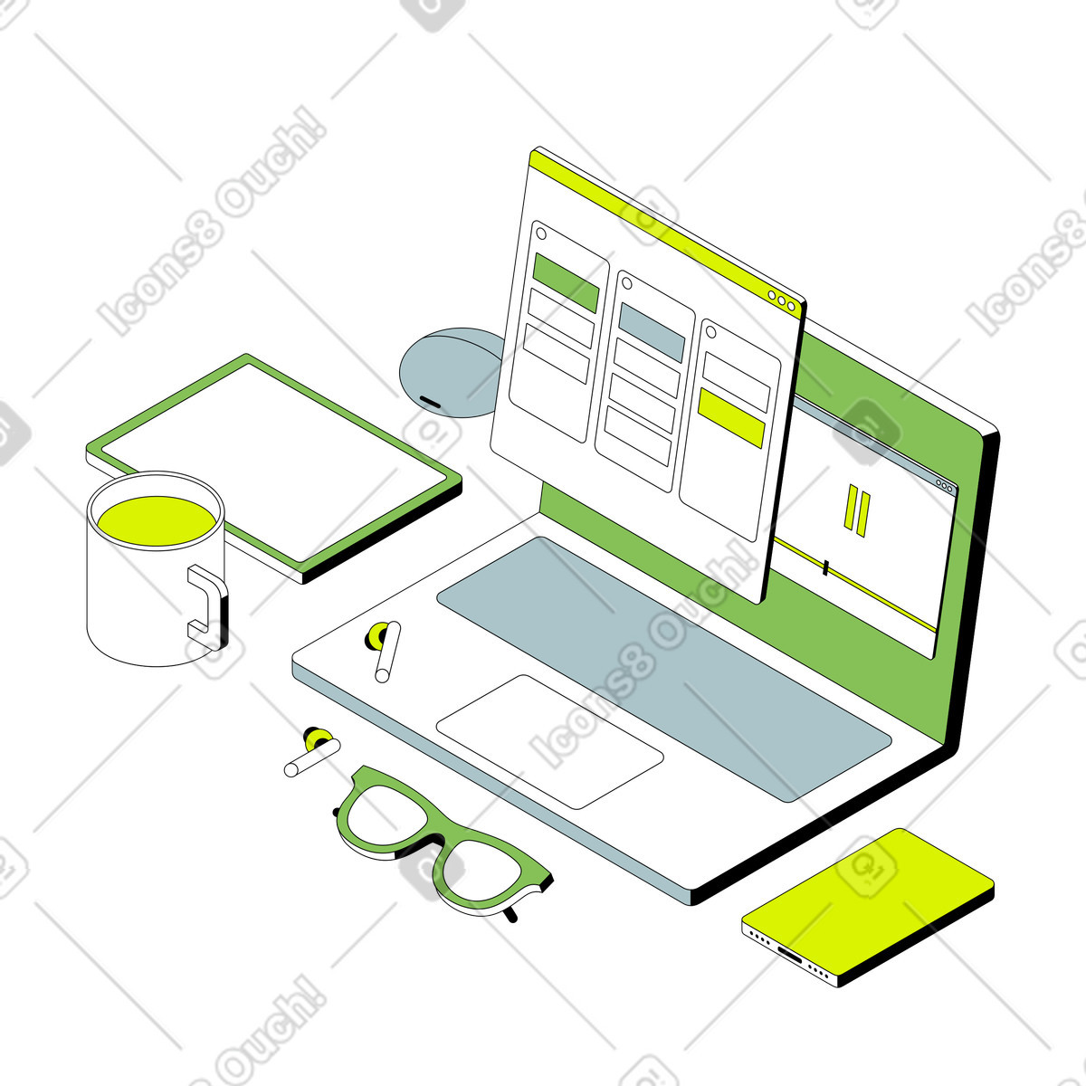 Illustration Visualisation du flux de travail avec tableau kanban dans le style Isometric à télécharger aux formats PNG, SVG