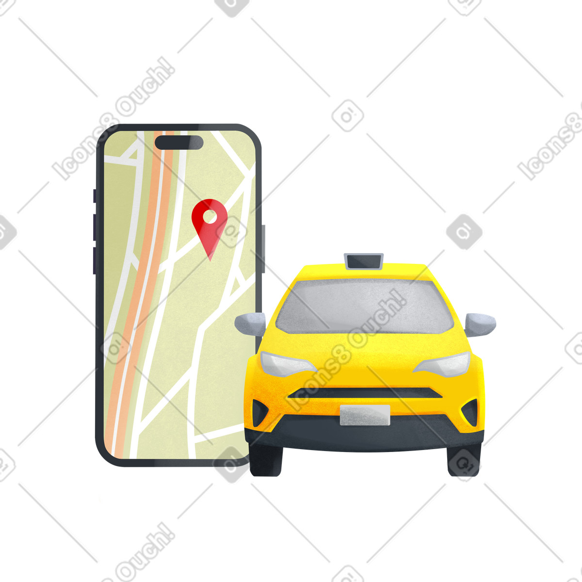 Yellow taxi car and phone with a map illustrazione in stile Shine scarica in PNG, SVG
