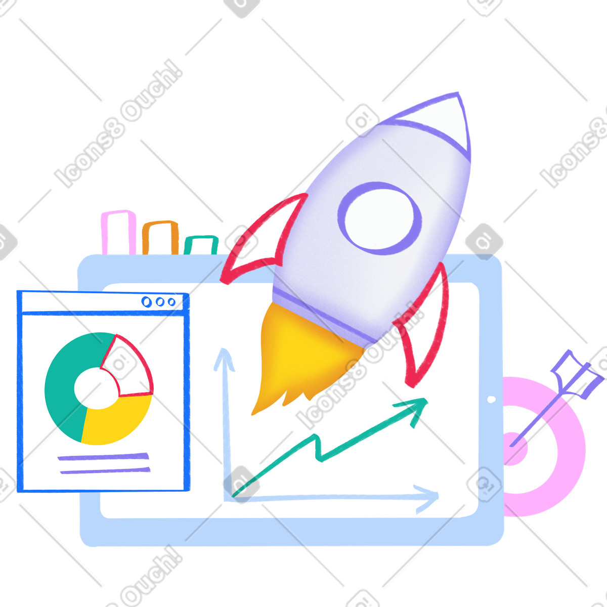 Illustration Démarrez rocket avec les applications de statistiques ouvertes dans le style Bonny à télécharger aux formats PNG, SVG