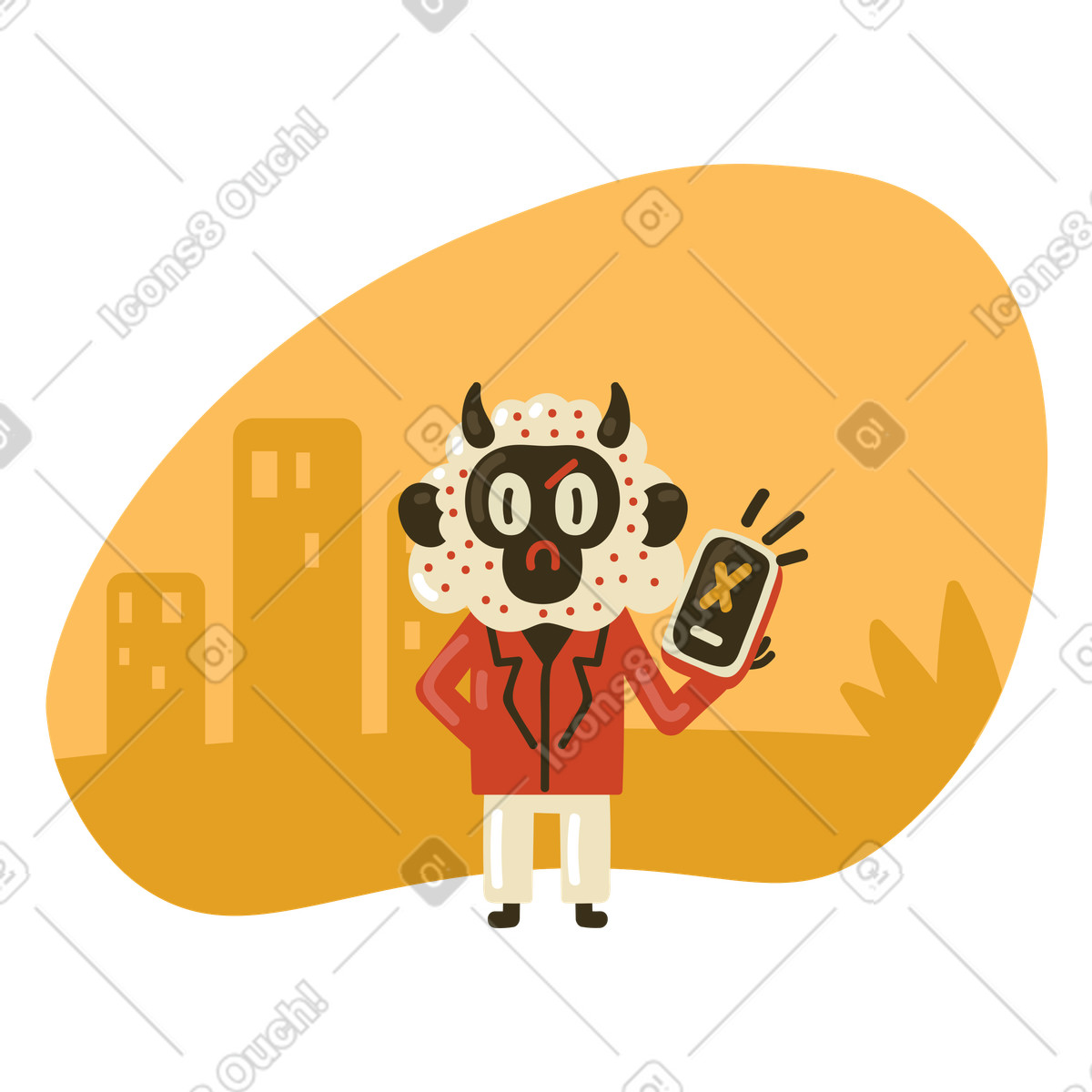 Arabica スタイルの Frustrated character with phone showing error, App crash or connection failure のイラストをPNG、SVG形式でダウンロード