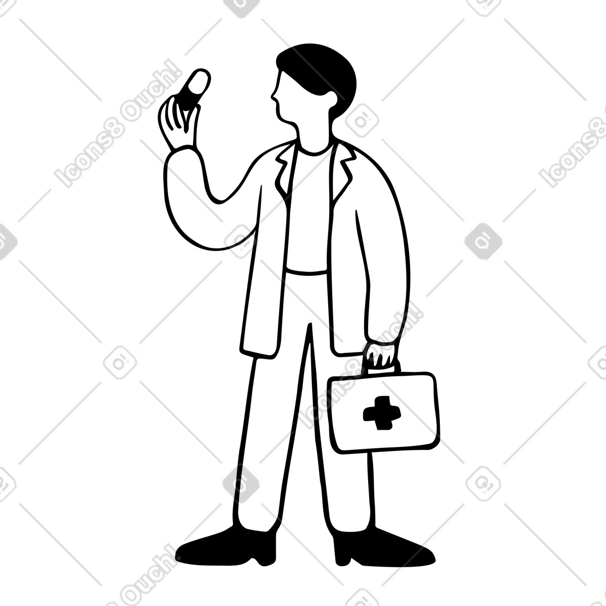 Medico con kit di pronto soccorso e una pillola illustrazione in stile Journal scarica in PNG, SVG