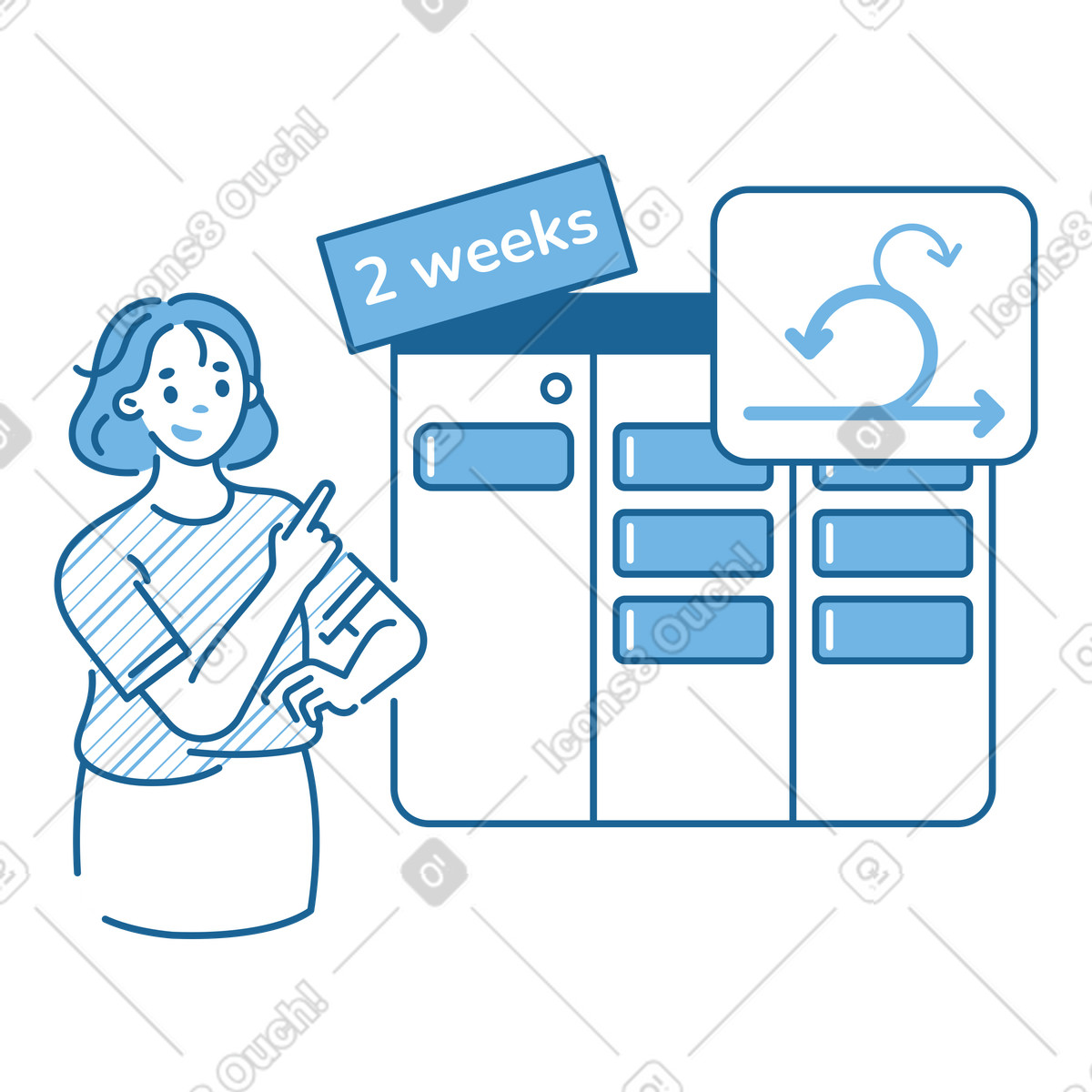Illustration Femme et tableau kanban avec panneau indiquant la durée du sprint, scrum dans le style Natty à télécharger aux formats PNG, SVG