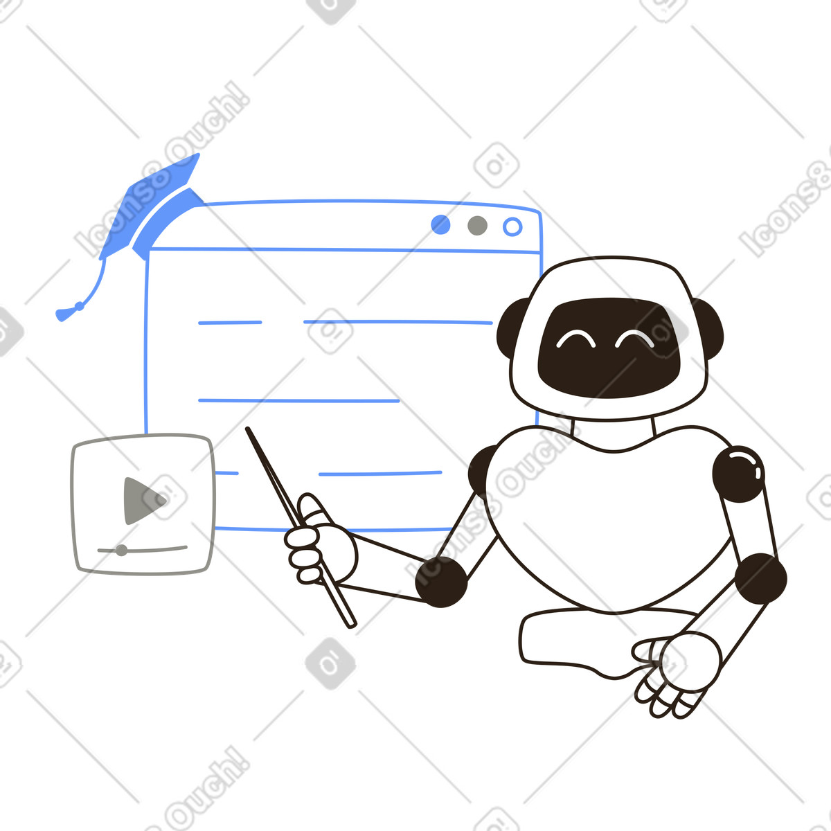 Robot teaching with pointer in front of browser window, Online training and e-learning illustration in PNG, SVG