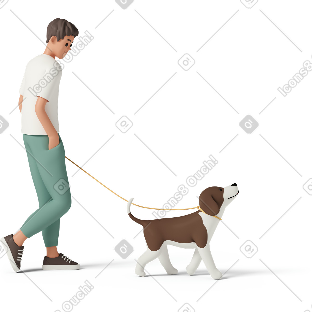 3D Casual life 스타일의 Young man walking dog on leash 일러스트레이션 PNG, SVG 다운로드