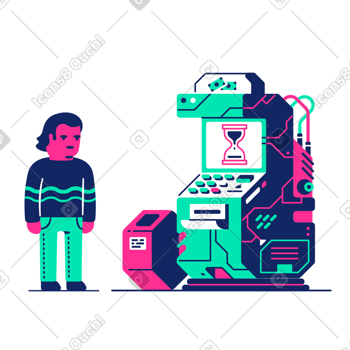 Man waiting at arcade game machine illustration in PNG, SVG