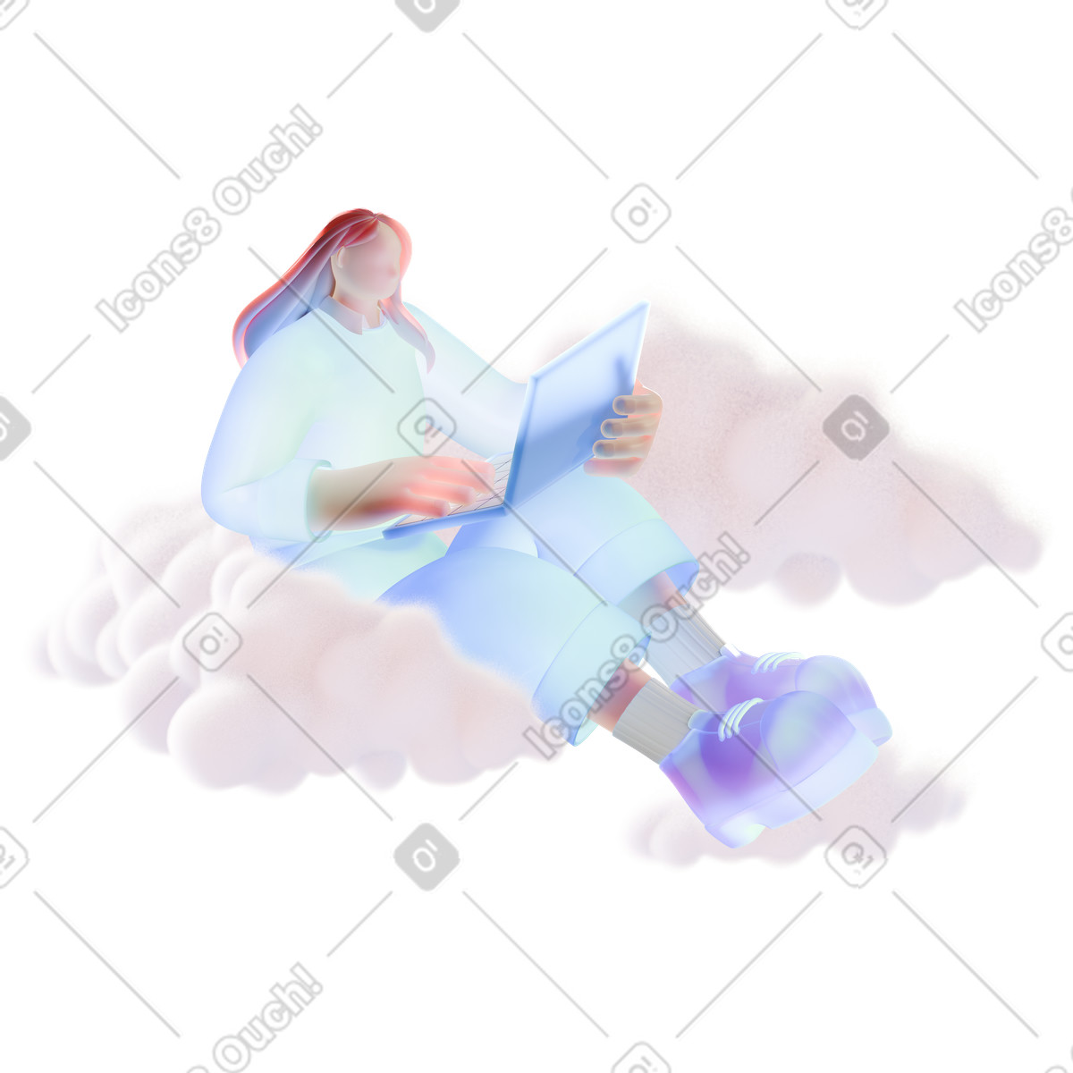 Relaxed worker on cloud with computer, Remote work and online learning illustration in 3D Airy style download in PNG, SVG