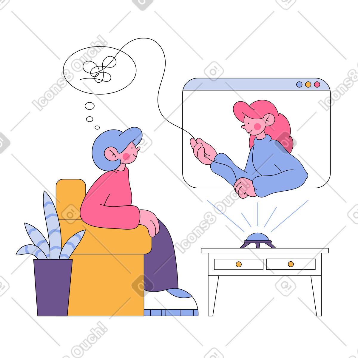 Bloom スタイルの 女の子がオンラインで心理学者と話す のイラストをPNG、SVG形式でダウンロード