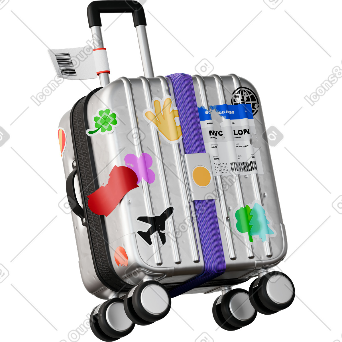 Анимированная иллюстрация Suitcase with stickers в стиле 3D Stickle — скачать в форматах GIF, Lottie (JSON), AE