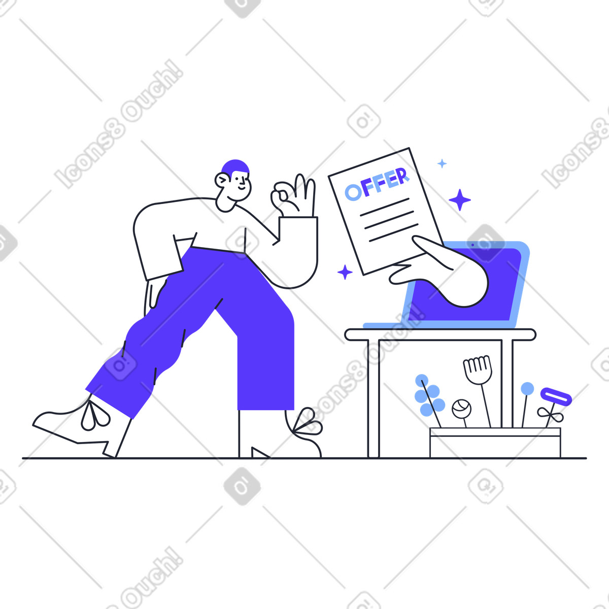 Ilustração de Homem pé perto laptop com uma mão segurando a oferta emprego em no estilo Pablita para baixar em PNG, SVG