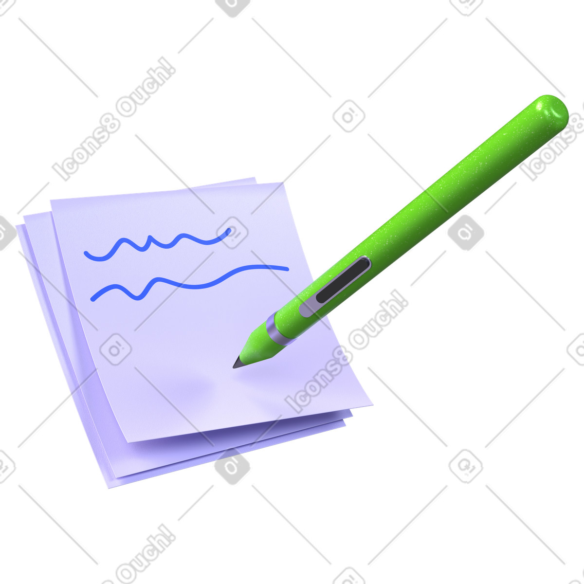 Post-it con scarabocchi e penna, promemoria scritto a mano o redazione di documenti illustrazione in stile 3D Boost scarica in PNG, SVG