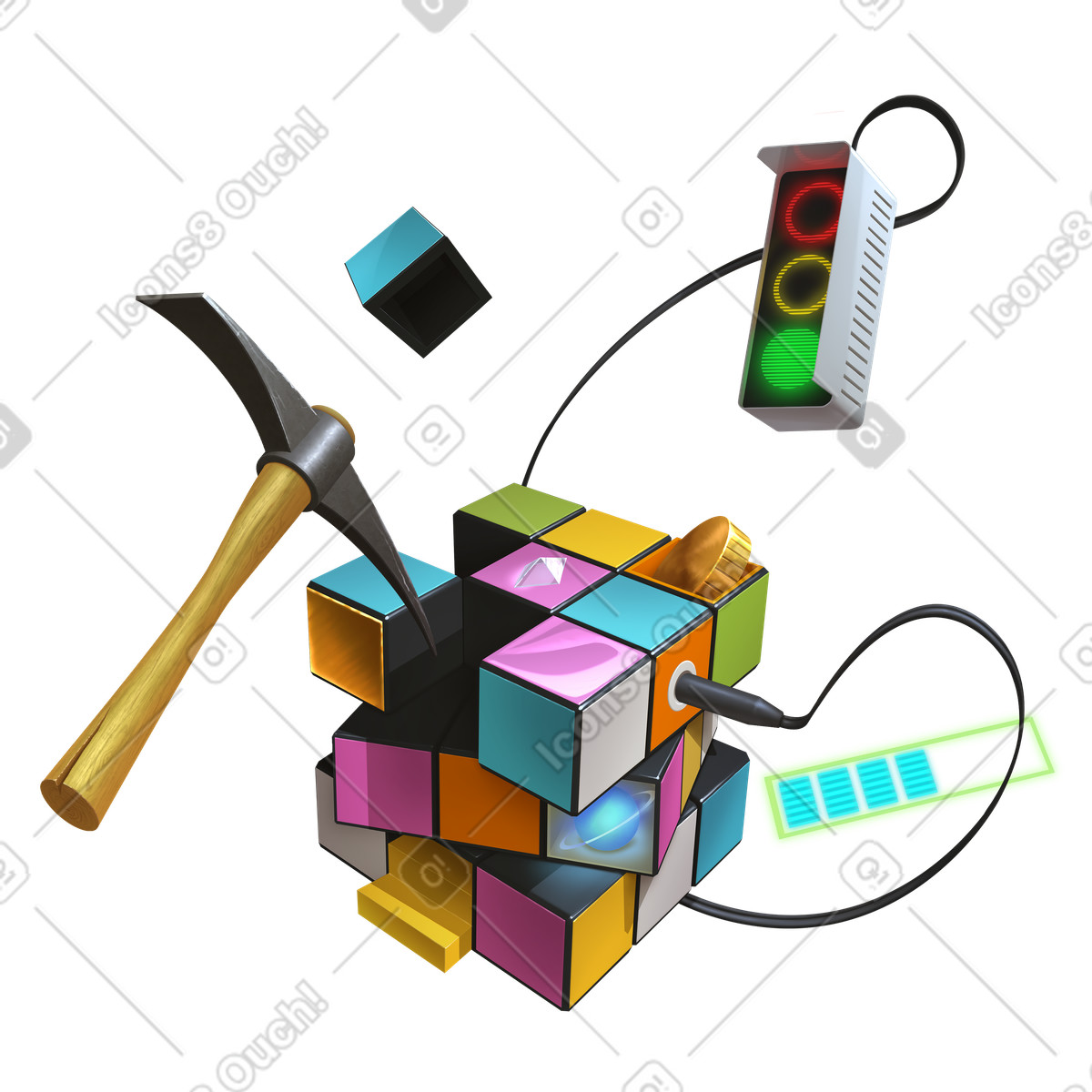 Concetto di mining criptovaluta con puzzle e piccone illustrazione in stile Props scarica in PNG, SVG