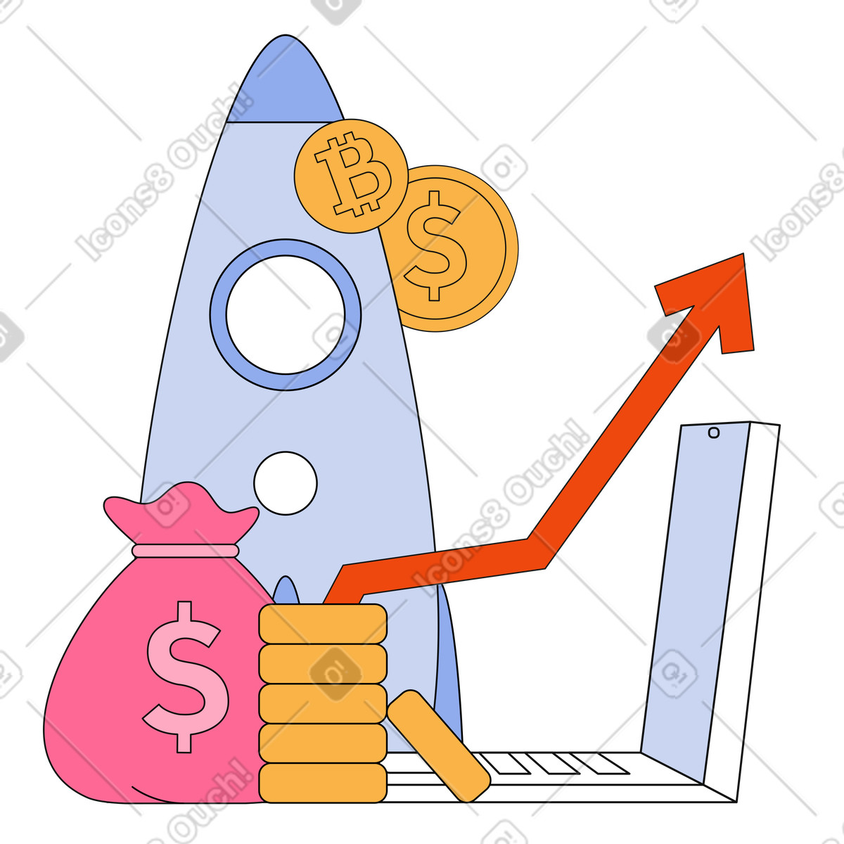 Illustration Stack of money and rocket with rising graph dans le style Bloom à télécharger aux formats PNG, SVG