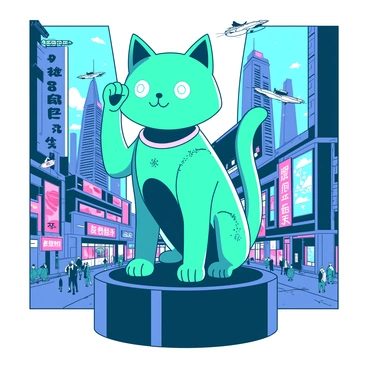 A teal robotic lucky cat stands proudly on a sleek black pedestal in a vibrant, high-tech city. The cat's body is shiny and metallic, with intricate circuits and glowing components visible. Its raised paw is designed to wave in imitation of traditional lucky cats, and its eyes are bright LED lights that emit a soft glow. Surrounding the robotic cat, towering skyscrapers made of glass and metal reach towards the sky, reflecting the city's dazzling lights. In the background, flying vehicles zip through the air, adding to the futuristic atmosphere. The ground is bustling with pedestrians, and neon signs light up the scene, creating a dynamic urban environment.