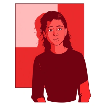 A red self-portrait of a person standing in front of a softly illuminated background. The face is partially in shadow, with highlights emphasizing the contours and features, creating a dramatic contrast. The person's hair is styled elegantly, adding texture and depth. The eyes are looking directly at the viewer, conveying emotion. The clothing is simple and dark, allowing the play of light and shadow on the skin to take center stage.