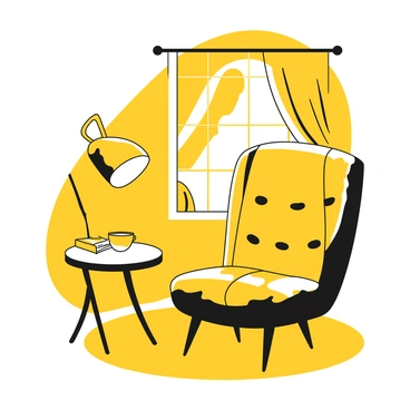 A chair with a simple design is positioned near a window, allowing soft light to filter through. A yellow scarf is elegantly draped over the back of the chair, its fabric gently cascading down. The window, framed by curtains, reveals a glimpse of the outdoors, where light shadows fall across the floor. Small details such as a book and a cup resting on a nearby table add to the inviting atmosphere of the scene.