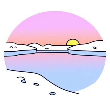 An icy lake with a smooth surface, reflecting the soft pink and orange hues of the sky. The surrounding tundra features patches of white snow and sparse, low-lying shrubs. The sunset casts gentle colors onto the ice, creating a gradient effect. The scene is tranquil, showcasing the stillness of the frozen lake under the vibrant sky.