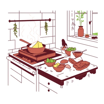 A white rustic kitchen features an old wooden stove with a pot of melting raclette cheese on its surface. The stove's surface is slightly scratched, adding character to the vintage feel of the room. To the side, there are several small bowls filled with various accompaniments, including sliced potatoes, pickles, and cured meats, all arranged neatly on a rustic wooden table. The walls are adorned with hanging herbs and copper pots, enhancing the cozy atmosphere of the kitchen. Natural light streams in through a window, illuminating the warm tones of the space.