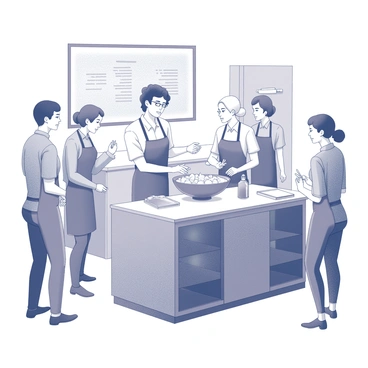 An event planner is standing at a kitchen island, overseeing a cooking class. The planner is gesturing towards a large bowl filled with ingredients, while several participants are gathered around, attentively listening. Each participant is engaged, with some holding utensils and others taking notes. The kitchen is equipped with modern appliances, and ingredients are neatly arranged on the counter. A chalkboard in the background displays the day's menu and cooking tips, adding to the instructional atmosphere of the scene.