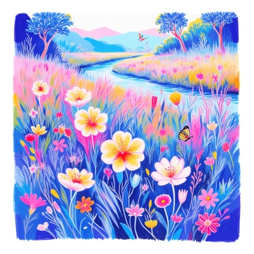A wildlife scene features a vibrant array of flora and fauna. In the center, a unique flower with petals shaped like a vulva blooms among lush greenery. Surrounding this flower are tall grass and vibrant wildflowers, creating a rich tapestry of colors. A small butterfly flutters nearby, its delicate wings displaying intricate patterns. In the background, a gentle stream flows, and several trees provide shade to the scene, all contributing to the natural habitat. The composition invites a closer look at the details within this harmonious ecosystem.