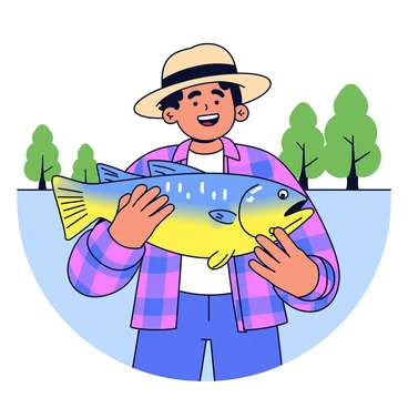 A satisfied customer is standing with a wide smile, holding a large, freshly caught fish in their hands. The fish has shiny scales that reflect light, showcasing its vibrant colors. The person is wearing a casual fishing outfit, which includes a plaid shirt and a straw hat. In the background, there are hints of a serene lake and green trees, suggesting a peaceful outdoor setting for their fishing trip.