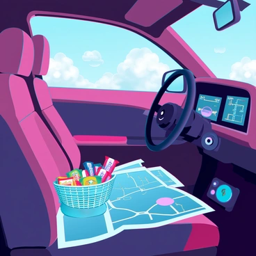 A car interior featuring plush seats and a modern dashboard. In the front passenger seat, there is a colorful assortment of snacks neatly arranged in a small basket. Nearby, an open map is spread out, showing various routes and destinations, with a few highlighted sections. A sleek camera sits on the seat, capturing the adventure, with its lens facing upwards. Sunlight filters in through the side windows, casting warm light across the scene, while the view outside hints at a long and exciting journey ahead.