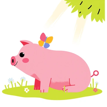 A small pink pig with a round face and big expressive eyes is sitting down in a grassy area. The pig is gently tilting its head as it watches a colorful butterfly with orange and blue wings land softly on its snout. Sunlight filters through the leaves of nearby trees, casting soft shadows on the ground. The butterfly is perched delicately, adding a vibrant touch to the scene. Surrounding the pig are patches of daisies and green grass, creating a serene and lively atmosphere.