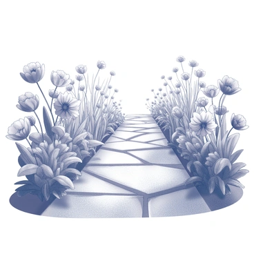 A walkway made of stone slabs leads through a garden. The path is bordered by an array of blooming flowers, rich in various textures and shapes. Each flower has distinct features, with some having large petals and others smaller, creating a diverse and lush environment. The greenery surrounding the flowers includes broad leaves and delicate stems, contributing to the vibrant garden scene. The sky above is clear, suggesting a bright spring day, and sunlight casts gentle shadows over the walkway.