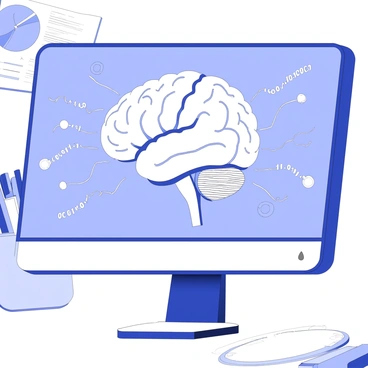A brain displayed on a computer screen with data flowing in and out