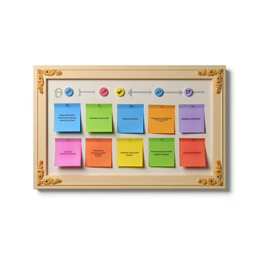 A kanban board with a wooden frame that features intricate carvings and ornate details along the edges. The board is divided into several sections, each with a colorful background, showcasing hues of blue, green, yellow, and red. Various tasks are represented by sticky notes in bright colors, such as pink, orange, and purple, each containing concise text to describe the task. Decorative icons, such as arrows and checkmarks, are placed throughout the board to enhance the design. The overall composition is vibrant and engaging, creating an inviting workspace.