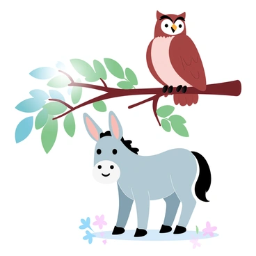 A wise owl perched on a sturdy branch, its feathers a mix of rich browns and soft grays. Below, a curious donkey stands in a relaxed posture, its ears perked up in attention. The donkey's coat is a light gray, contrasting with the vibrant green leaves surrounding the branch. Sunlight filters through the foliage, casting a warm glow on the scene. A few small flowers bloom nearby, adding splashes of color to the ground beneath the donkey.