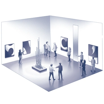 An art gallery space with high ceilings and white walls. The floor is polished concrete, reflecting the various installations scattered throughout. One installation is an abstract sculpture made of intertwined metal rods, reaching upwards toward the ceiling. Another area features a series of large canvas pieces, each displaying bold, geometric shapes in black and white. There are clusters of people engaged in discussion, some pointing at the different works. Soft, diffused lighting highlights the installations, creating an inviting atmosphere for exploration and contemplation.