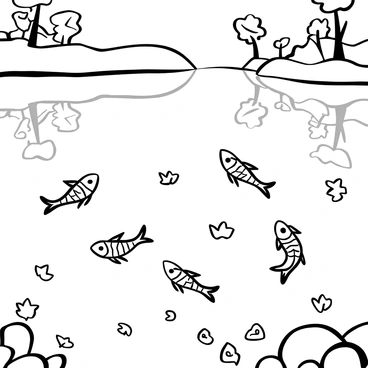 A group of fish swimming in a lake, their bodies partially visible beneath the surface. The water is calm, creating a clear reflection of the surrounding autumn leaves. Various types of leaves, in different shapes and sizes, float gently on the water's surface, their intricate outlines clearly defined. The shoreline is lined with trees that have lost some of their leaves, adding to the scene's seasonal atmosphere. Some fallen leaves rest on the rocks near the water's edge, completing the composition.