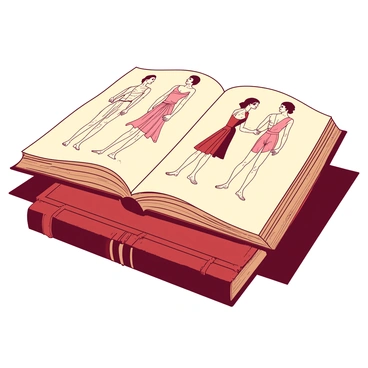 An open vintage anatomy book rests on a wooden table. The pages show intricate sketches of human figures in various outfits, illustrating both anatomical details and fashion elements. Each figure is elegantly drawn, displaying a range of poses and styles. The book's yellowed pages contrast with the surrounding environment, adding a sense of age and history to the scene. The cover of the book features a rich red design, hinting at its vintage charm.