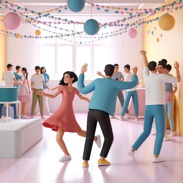 A decorated hall filled with colorful streamers and balloons hanging from the ceiling. The floor is shiny and reflects the vibrant lights from a disco ball overhead. Groups of people are dancing together; a woman in a red dress spins with a big smile, while a man in a blue shirt and black pants raises his arms, enjoying the rhythm. Another couple is sharing a laugh as they move in sync to the beat. In one corner, a table is set up with refreshments, including a punch bowl and snacks, while more guests mingle and chat excitedly in the background.