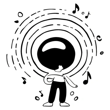 A character with a giant mouth open wide, surrounded by a series of concentric waves radiating outward. The waves are depicted in distinct patterns, conveying the concept of laughter. The character has a large head with exaggerated features, while the body is small in comparison. There are small cartoon-like musical notes and playful shapes scattered around, enhancing the lively atmosphere.