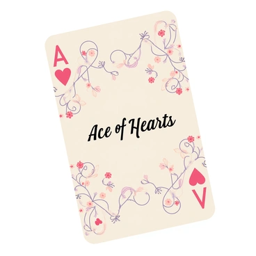 A playing card featuring a rectangular shape with elegantly flowing lines across its surface. The card has intricate floral motifs intertwined throughout the design, showcasing detailed blossoms and swirling vines. "Ace of Hearts" is written in a decorative font at the center, surrounded by ornate embellishments. The background is a soft pastel color that complements the intricate patterns, creating a harmonious and visually captivating appearance.