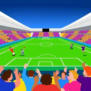 A vibrant football stadium illuminated by bright stadium lights. The stands are filled with enthusiastic fans, some waving colorful flags and others holding banners. Cheerful crowd members are wearing team jerseys in bold colors, showing their support. The field is freshly mowed and lined for the game, with a large scoreboard visible above. The atmosphere is lively and energetic, with some fans jumping up and cheering while others are caught in mid-clap.