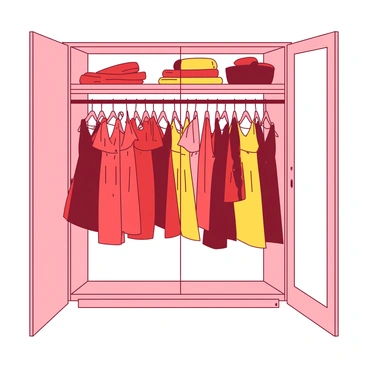 An open wardrobe made of light wood is filled with a collection of buttoned mini dresses hanging neatly. The dresses vary in designs and are displayed in alternating bands of red and yellow. Each dress features small buttons running down the front, with some having short sleeves while others are sleeveless. The wardrobe has a mirrored back, reflecting the vibrant colors of the dresses, and there are matching accessories, such as belts and scarves, arranged on the shelves above.