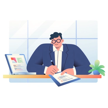 A manager with dark hair and glasses is seated at a wooden desk, evaluating an employee's performance. The manager is wearing a navy blue blazer and a white shirt, holding a black pen in their right hand. On the desk in front of them, there is a clipboard with a checklist that includes various performance metrics. To the left, there is a stack of papers and a laptop open, displaying a spreadsheet. The office has a large window allowing natural light to illuminate the space, and a potted plant sits on the corner of the desk.