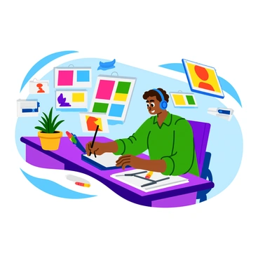 An artist sitting at a desk, focused on creating a digital illustration on a tablet. The artist has short, curly hair and is wearing headphones. Around the artist, there are multiple colorful screens displaying various digital artworks, showcasing bright hues of red, blue, green, and yellow. The workspace is cluttered with art supplies like sketchbooks, pens, and markers scattered around. The atmosphere is lively, with a small potted plant on the desk adding a touch of greenery.