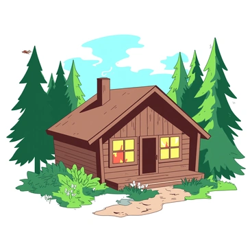 A cozy wooden cabin with a slanted roof is nestled among tall green pine trees in a dense forest. The cabin has smoke gently rising from the chimney, indicating a warm fire inside. The wooden structure features large windows that reflect the surrounding greenery. In front of the cabin, there is a small stone pathway leading to the entrance, flanked by ferns and wildflowers. Sunlight filters through the branches of the pines, casting dappled shadows on the ground. A few birds can be seen perched on the branches above, adding to the serene atmosphere of the forest.